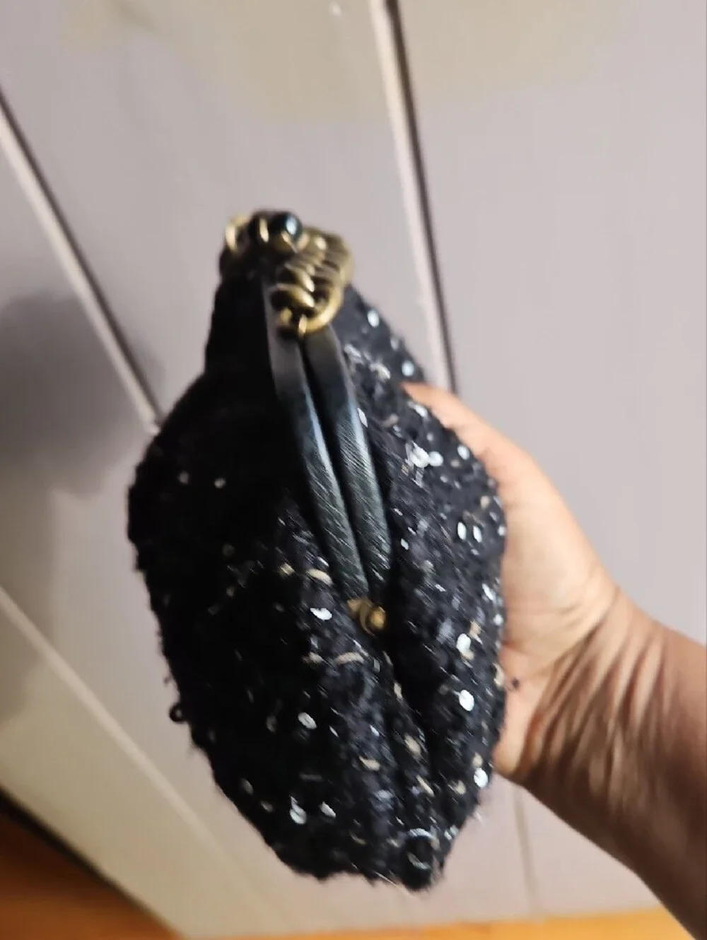 J. Crew Black Sequin Tweed Clutch with Burnished Chunky Gold Chain
